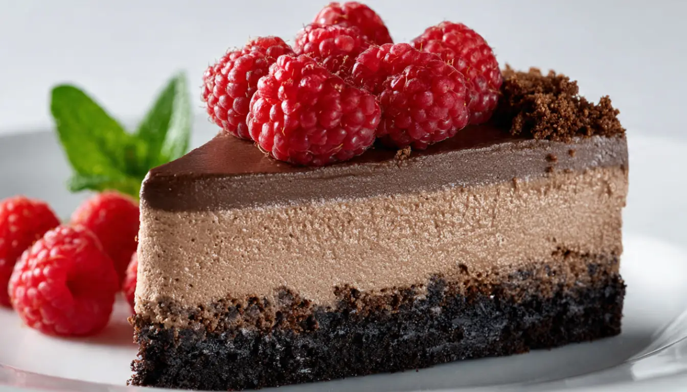 Slice of classic chocolate mousse cake with dark chocolate layers, cookie crust, and fresh raspberries on white plate