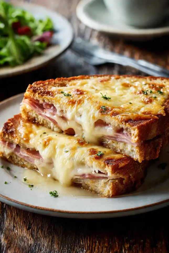 Golden Croque Monsieur sandwich with melted Gruyère cheese and béchamel sauce on white plate