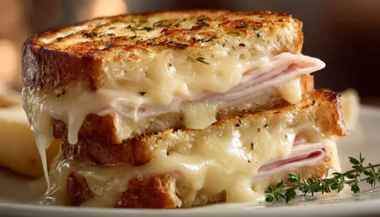 Golden Croque Monsieur sandwich with melted Gruyère cheese and béchamel sauce on white plate