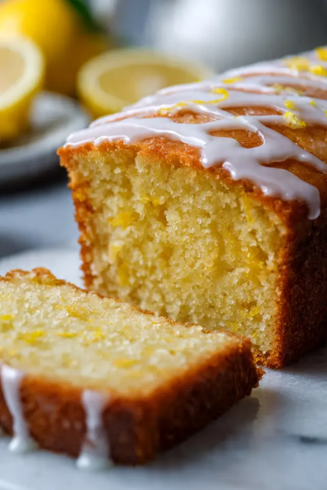 Golden lemon pound cake with white glaze dripping down the sides on a white cake stand, garnished with fresh lemon slices