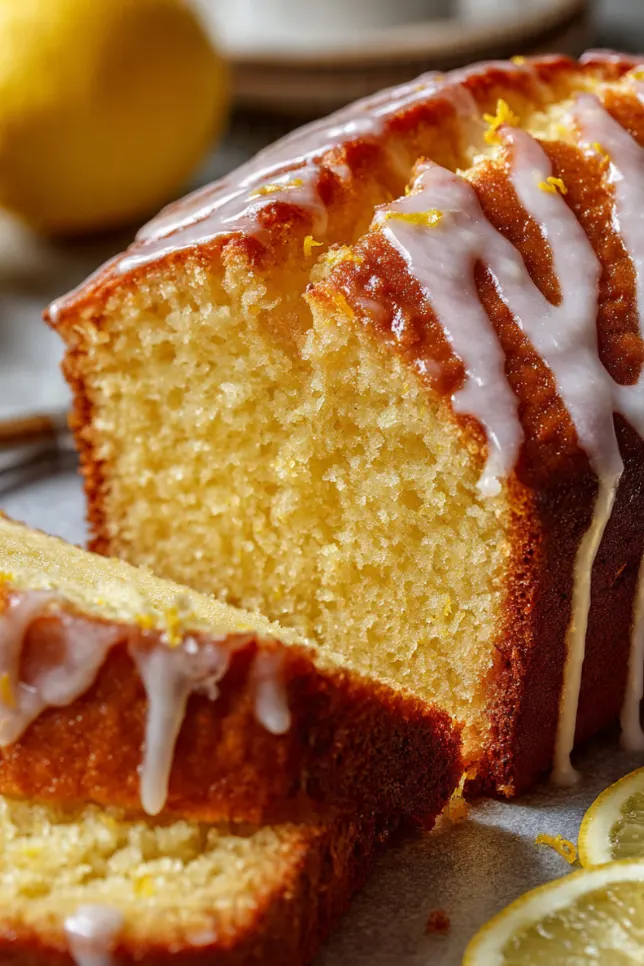 Golden lemon pound cake with white glaze dripping down the sides on a white cake stand, garnished with fresh lemon slices