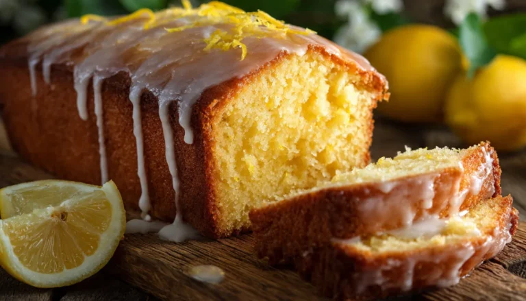 Golden lemon pound cake with white glaze dripping down the sides on a white cake stand, garnished with fresh lemon slices