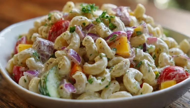 Classic macaroni salad in white bowl with creamy dressing, colorful vegetables, and fresh herbs on wooden table