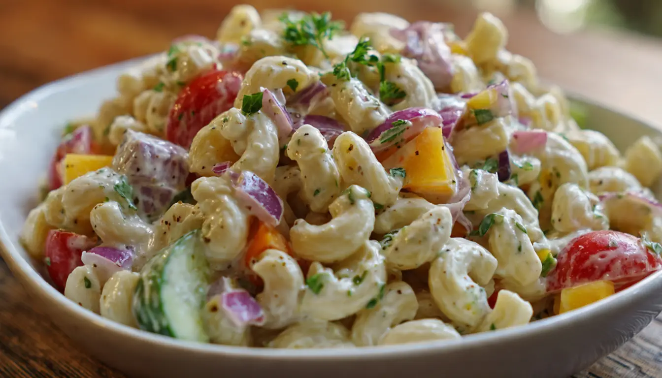 Classic macaroni salad in white bowl with creamy dressing, colorful vegetables, and fresh herbs on wooden table