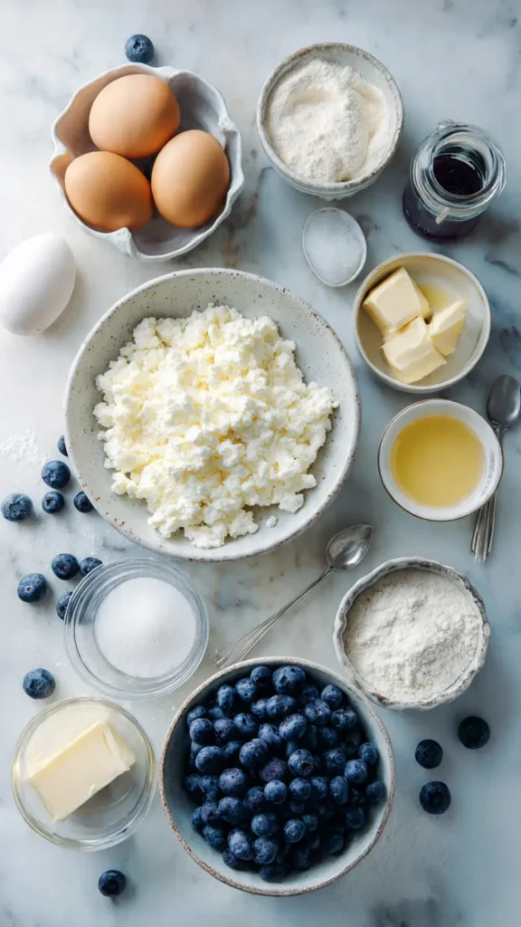 Overhead view of cottage cheese blueberry bread ingredients including cottage cheese, fresh blueberries, eggs, and flour on marble counter