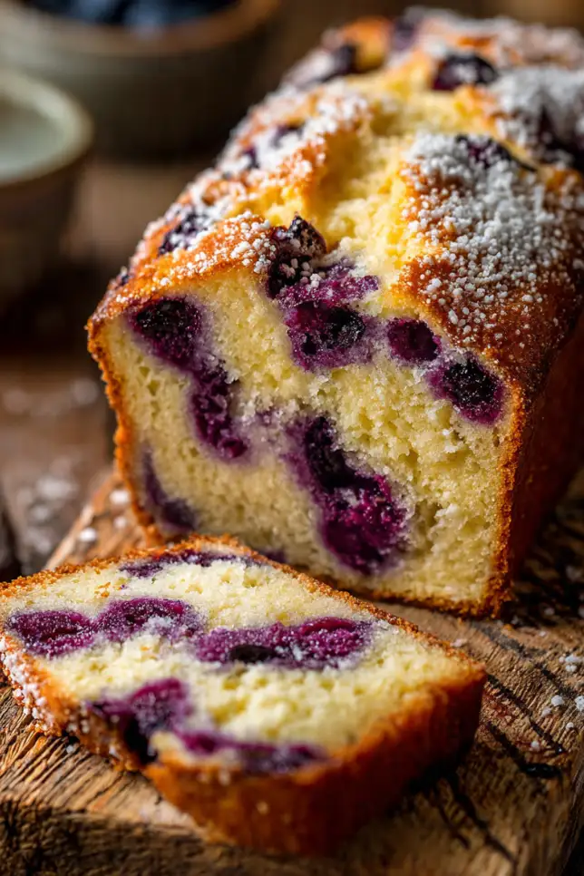 Sliced cottage cheese blueberry bread loaf on wooden cutting board showing moist crumb and purple blueberry swirls