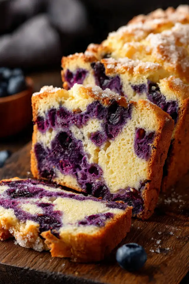 Sliced cottage cheese blueberry bread loaf on wooden cutting board showing moist crumb and purple blueberry swirls