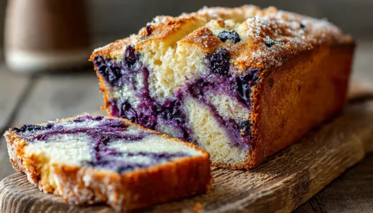 Sliced cottage cheese blueberry bread loaf on wooden cutting board showing moist crumb and purple blueberry swirls
