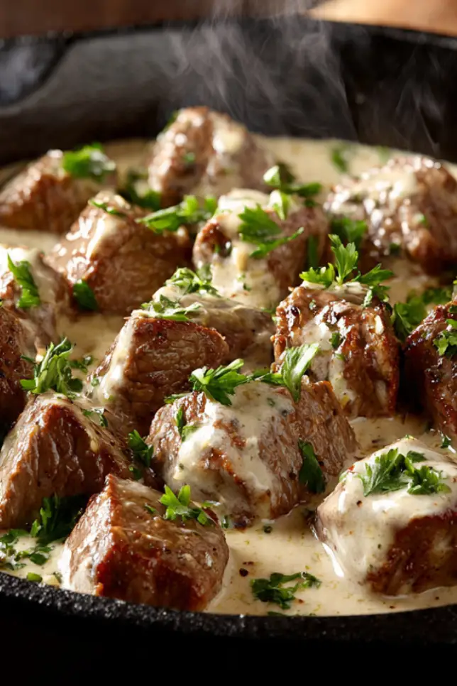 Creamy garlic butter steak bites in cast iron skillet with rich cream sauce and fresh parsley garnish