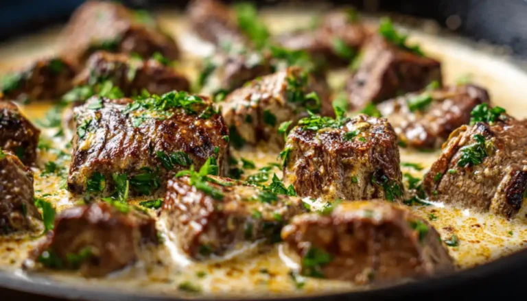 Creamy garlic butter steak bites in cast iron skillet with rich cream sauce and fresh parsley garnish