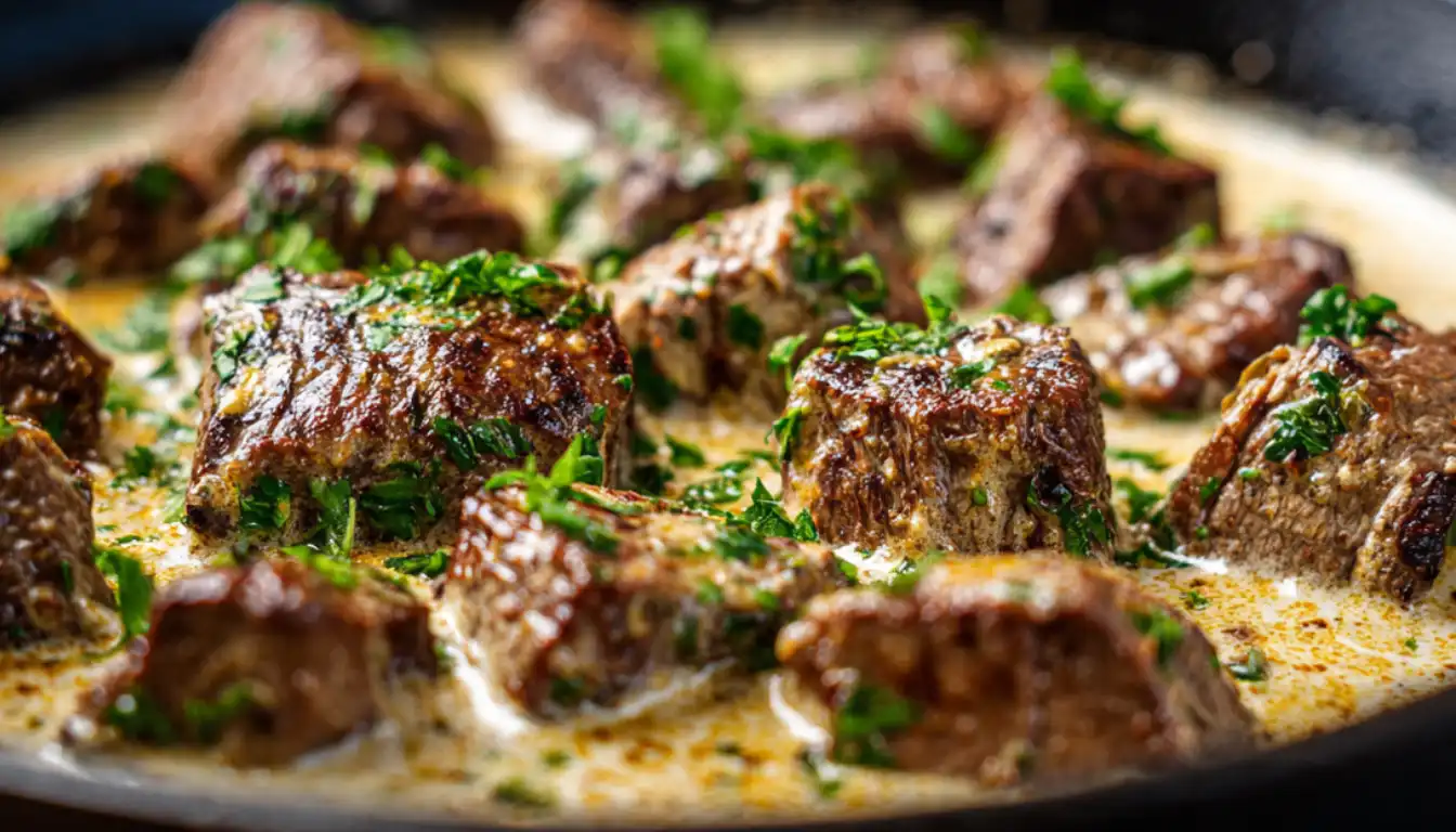 Creamy garlic butter steak bites in cast iron skillet with rich cream sauce and fresh parsley garnish
