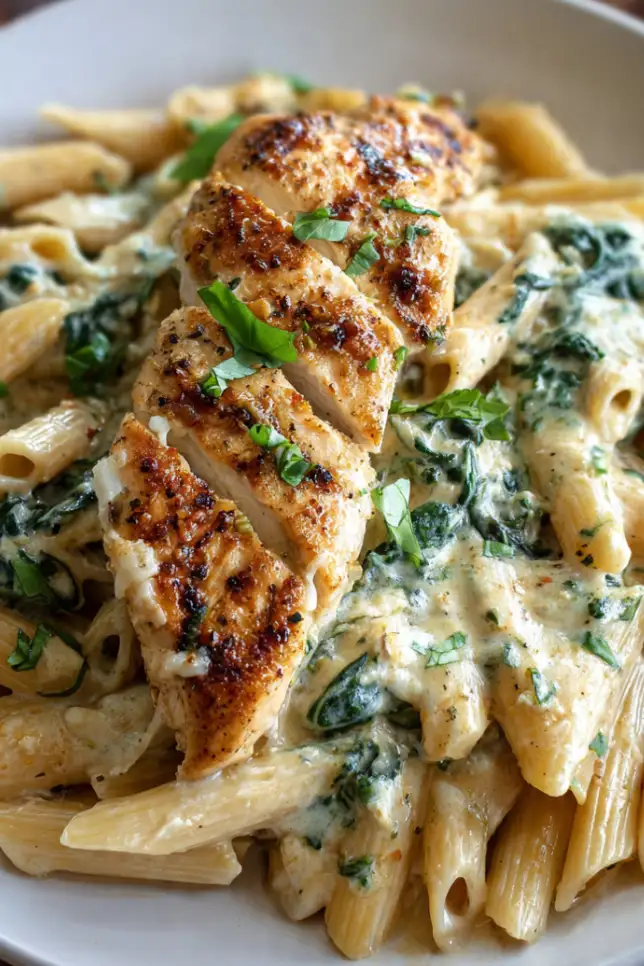 Creamy garlic parmesan chicken and penne pasta in a cast iron skillet with fresh parsley garnish