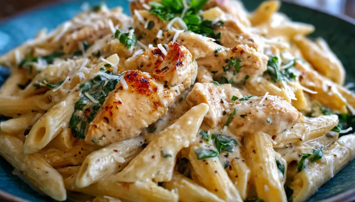 Creamy garlic parmesan chicken and penne pasta in a cast iron skillet with fresh parsley garnish