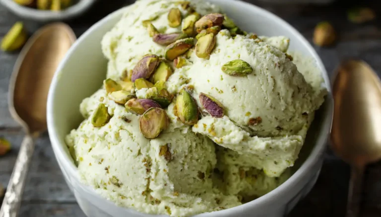 Creamy homemade pistachio protein gelato in white bowl topped with crushed pistachios on marble counter