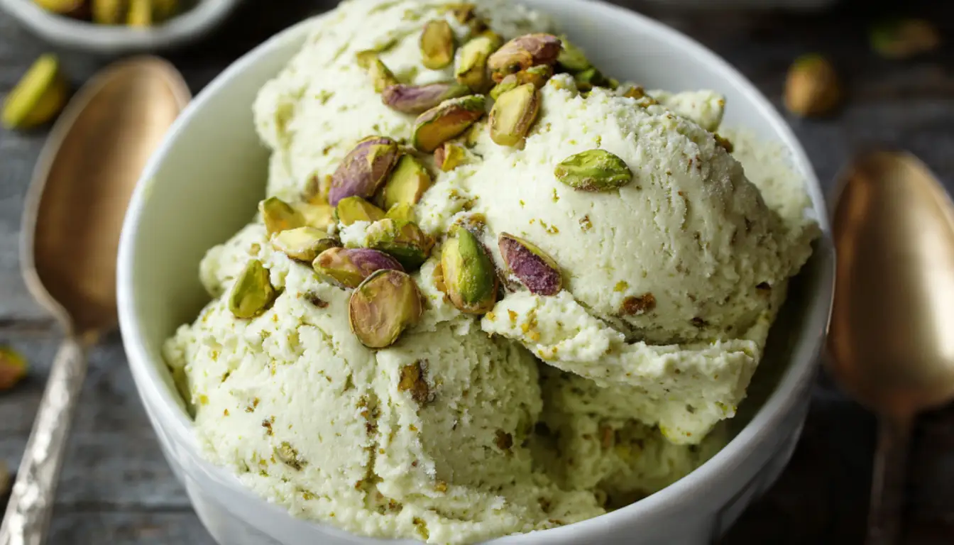 Creamy homemade pistachio protein gelato in white bowl topped with crushed pistachios on marble counter