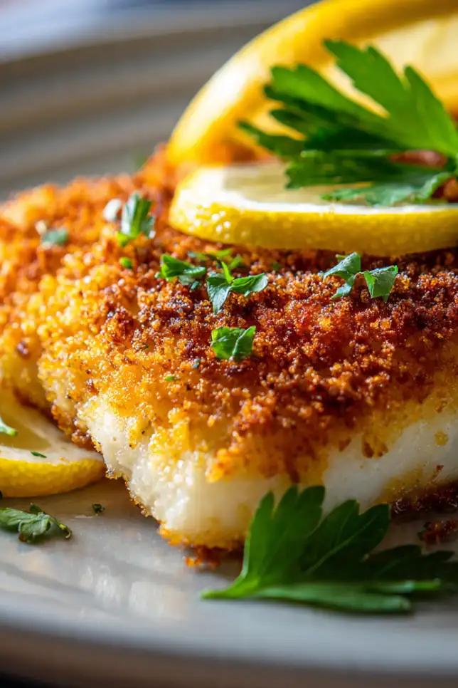 Golden-brown oven-fried fish fillet with crispy breadcrumb coating on white plate, garnished with fresh parsley and lemon wedges