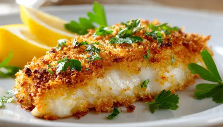 Golden-brown oven-fried fish fillet with crispy breadcrumb coating on white plate, garnished with fresh parsley and lemon wedges