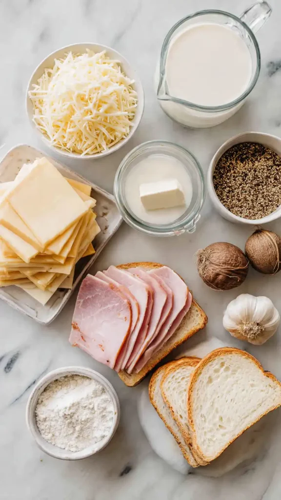 Ingredients for Croque Monsieur recipe including bread, ham, Gruyère cheese, butter, and béchamel ingredients