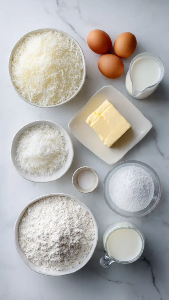 Overhead view of crustless coconut pie ingredients including shredded coconut, eggs, milk, butter, flour, and vanilla extract on marble counter