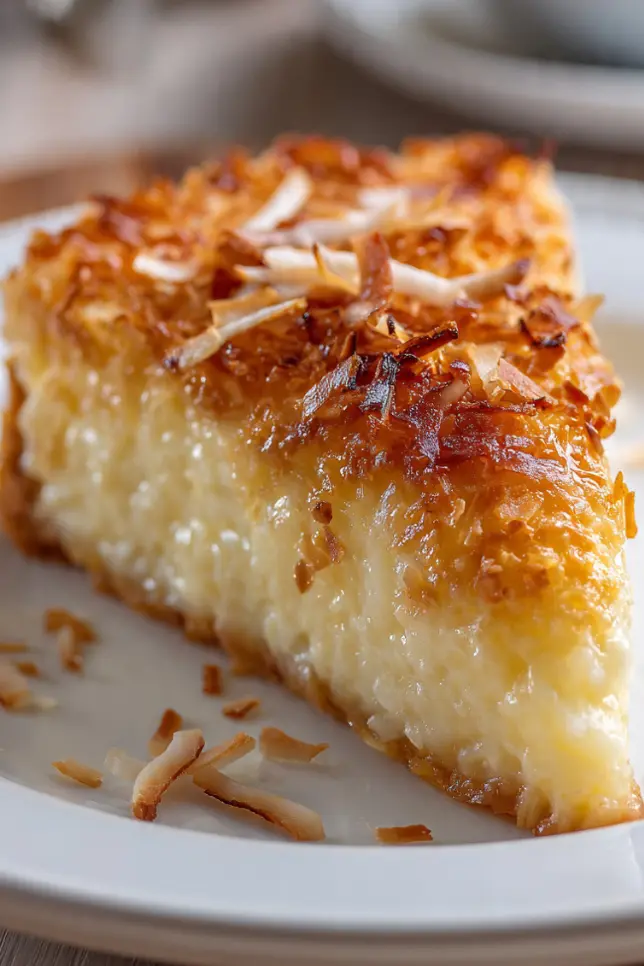 Slice of crustless coconut pie with golden toasted coconut topping and creamy custard filling on white plate