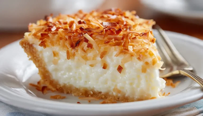 Slice of crustless coconut pie with golden toasted coconut topping and creamy custard filling on white plate