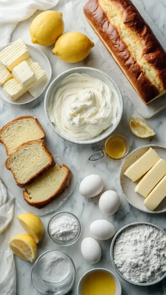 Overhead view of all ingredients needed for Danish cheesecake including cream cheese, eggs, Hawaiian sweet bread, and lemons