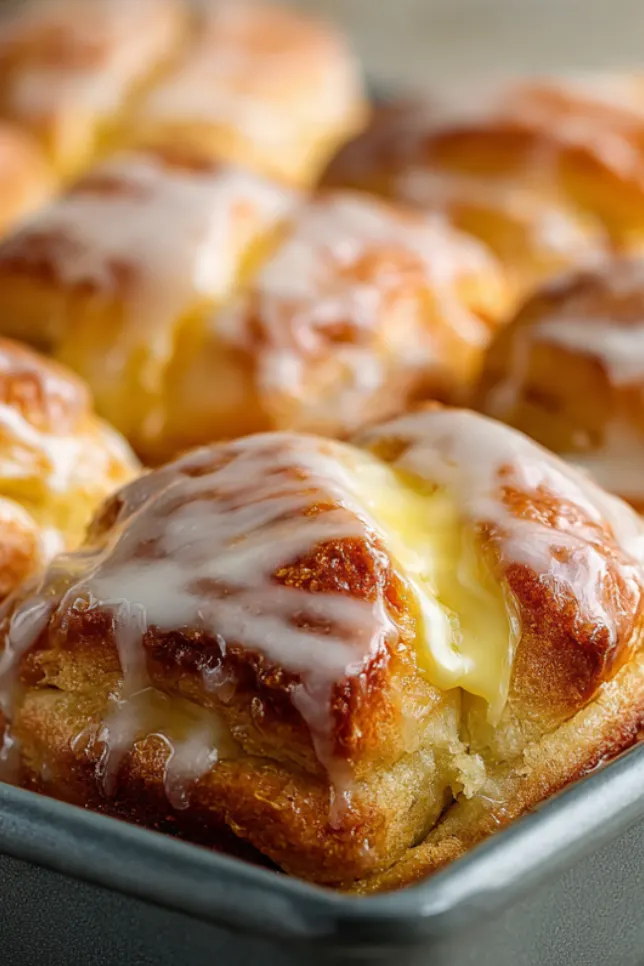 Pan of golden Danish cheesecake pastries made with Hawaiian sweet bread topped with cream cheese filling and vanilla glaze