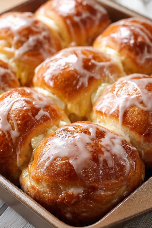 Pan of golden Danish cheesecake pastries made with Hawaiian sweet bread topped with cream cheese filling and vanilla glaze