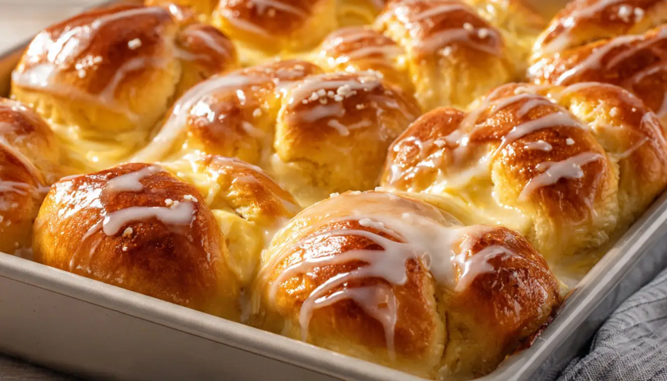 Pan of golden Danish cheesecake pastries made with Hawaiian sweet bread topped with cream cheese filling and vanilla glaze