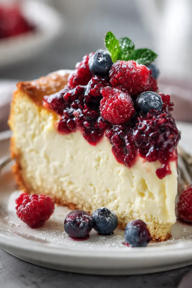 Slice of Danish cheesecake with golden Hawaiian sweet bread base, creamy filling, and fresh berry topping on white plate