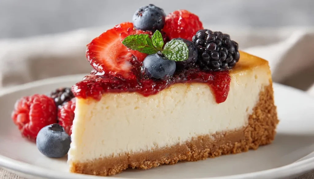 Slice of Danish cheesecake with golden Hawaiian sweet bread base, creamy filling, and fresh berry topping on white plate