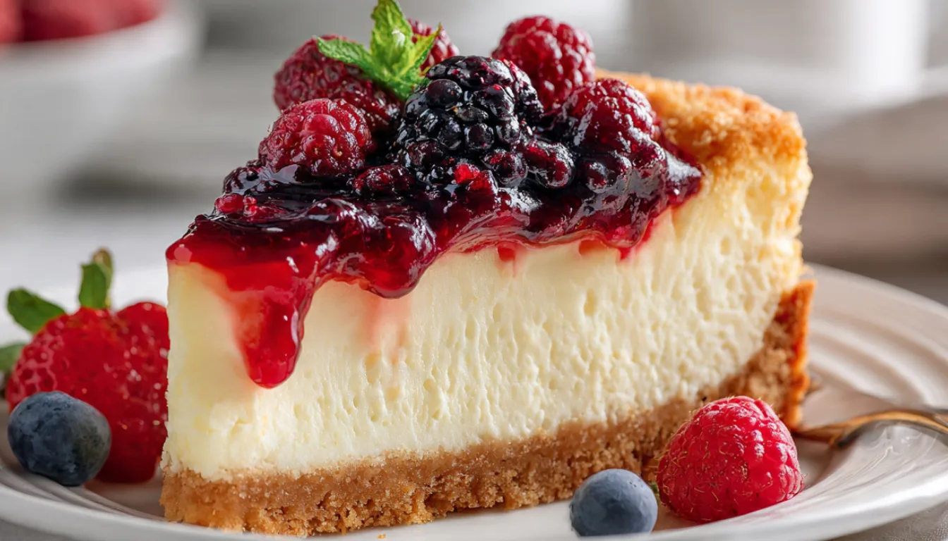 Slice of Danish cheesecake with golden Hawaiian sweet bread base, creamy filling, and fresh berry topping on white plate