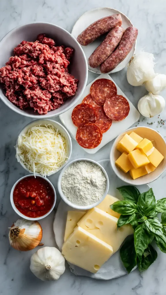 Overhead view of ingredients for deep-dish hamburger, beef sausage and pepperoni pie including ground beef, Italian sausage, pepperoni, cheese, and pie crust ingredients
