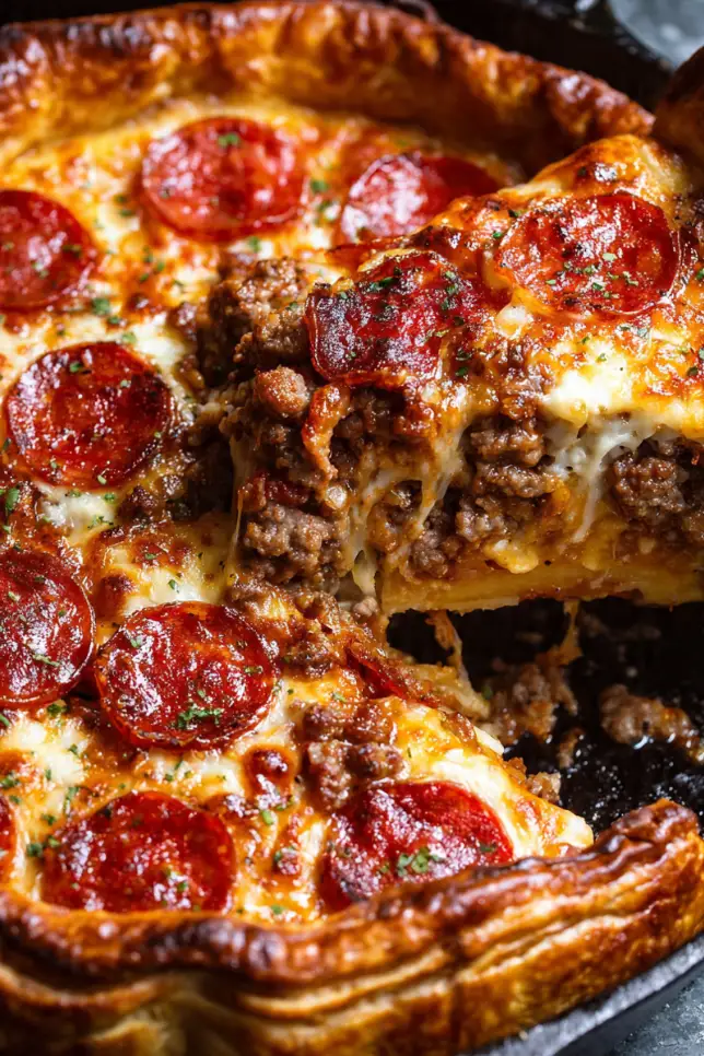 Slice of deep-dish hamburger, beef sausage and pepperoni pie with melted cheese stretching, showing golden brown crust and layered meat filling