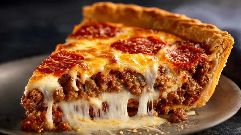 Slice of deep-dish hamburger, beef sausage and pepperoni pie with melted cheese stretching, showing golden brown crust and layered meat filling
