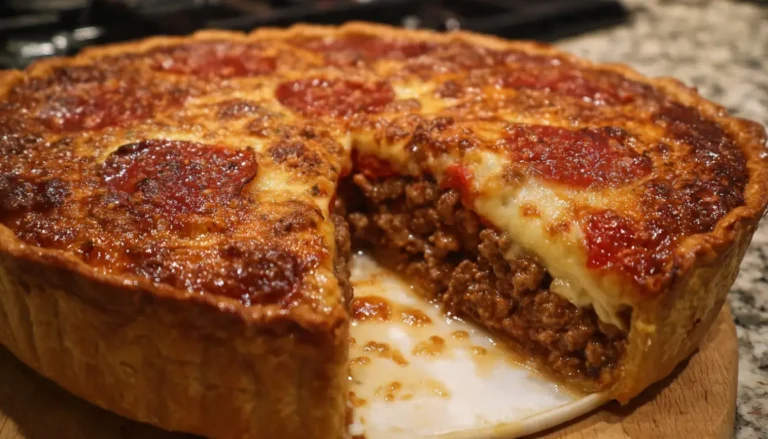 Slice of deep-dish hamburger, beef sausage and pepperoni pie with melted cheese stretching, showing golden brown crust and layered meat filling