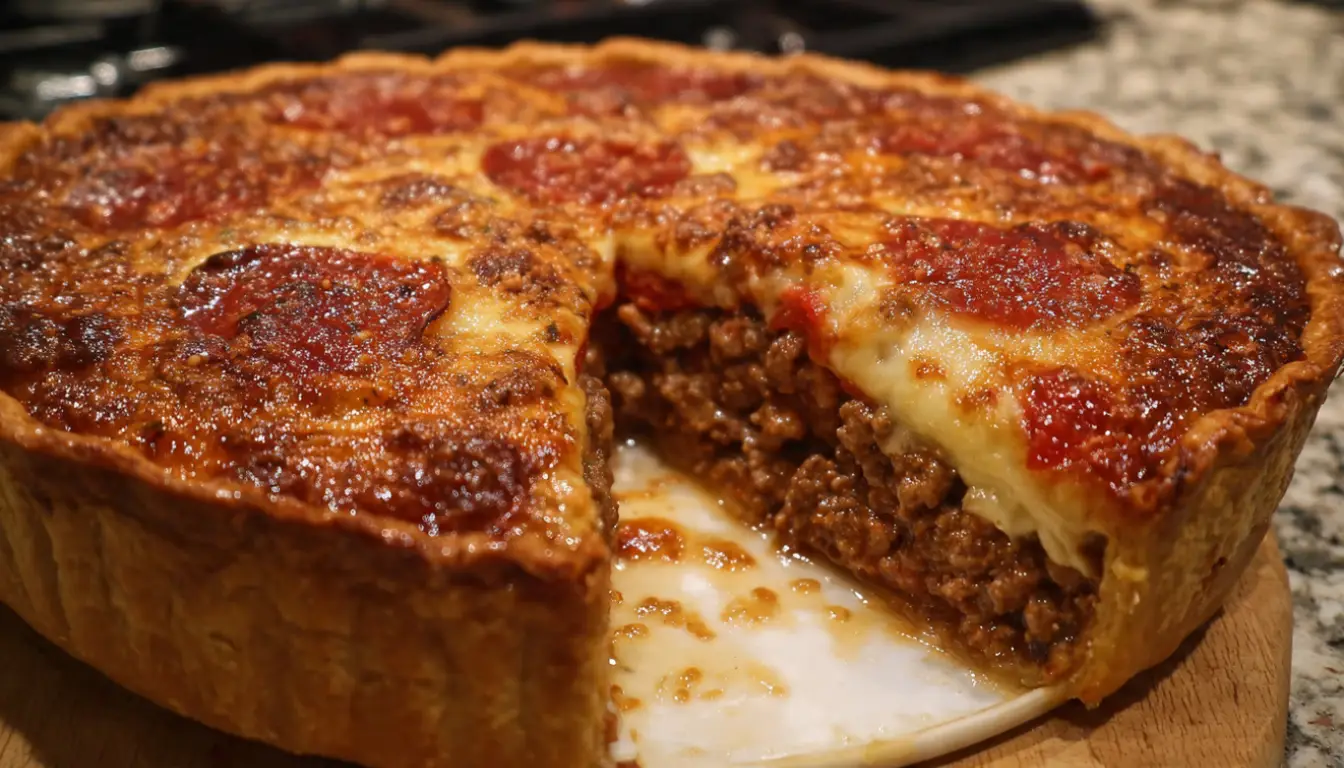Slice of deep-dish hamburger, beef sausage and pepperoni pie with melted cheese stretching, showing golden brown crust and layered meat filling