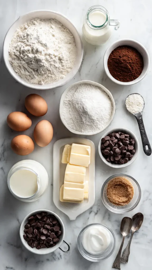 Ingredients for double chocolate rolls including flour, cocoa powder, butter, eggs, milk, sugar, and chocolate chips arranged on marble surface