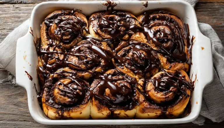 Freshly baked double chocolate rolls with glossy chocolate glaze in a white baking dish, showing soft fluffy texture and chocolate swirls