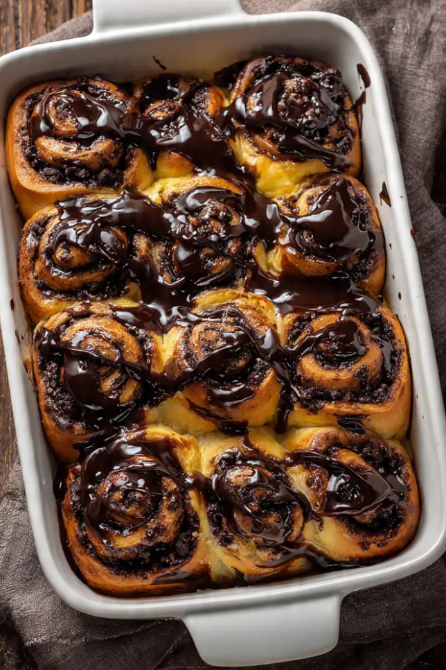 Freshly baked double chocolate rolls with glossy chocolate glaze in a white baking dish, showing soft fluffy texture and chocolate swirls