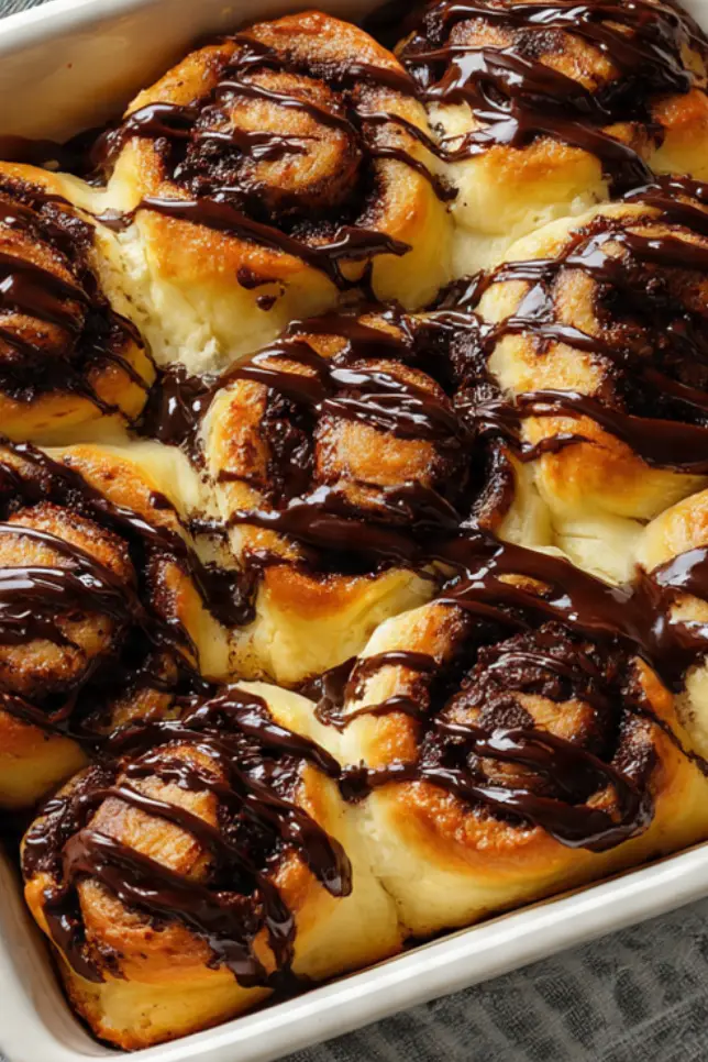 Freshly baked double chocolate rolls with glossy chocolate glaze in a white baking dish, showing soft fluffy texture and chocolate swirls