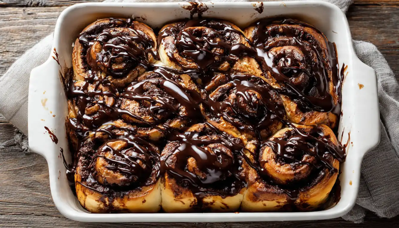 Freshly baked double chocolate rolls with glossy chocolate glaze in a white baking dish, showing soft fluffy texture and chocolate swirls