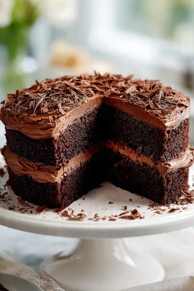 Two-layer chocolate cake with chocolate frosting on white cake stand with slice cut showing moist chocolate crumb