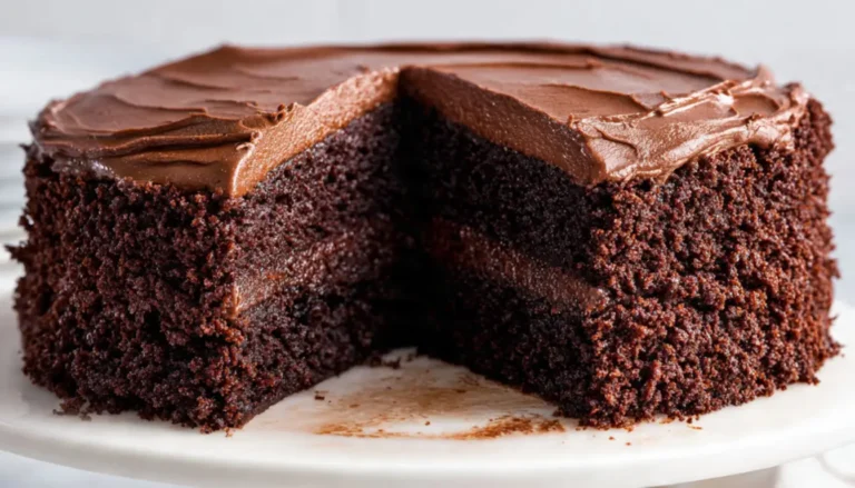 Two-layer chocolate cake with chocolate frosting on white cake stand with slice cut showing moist chocolate crumb