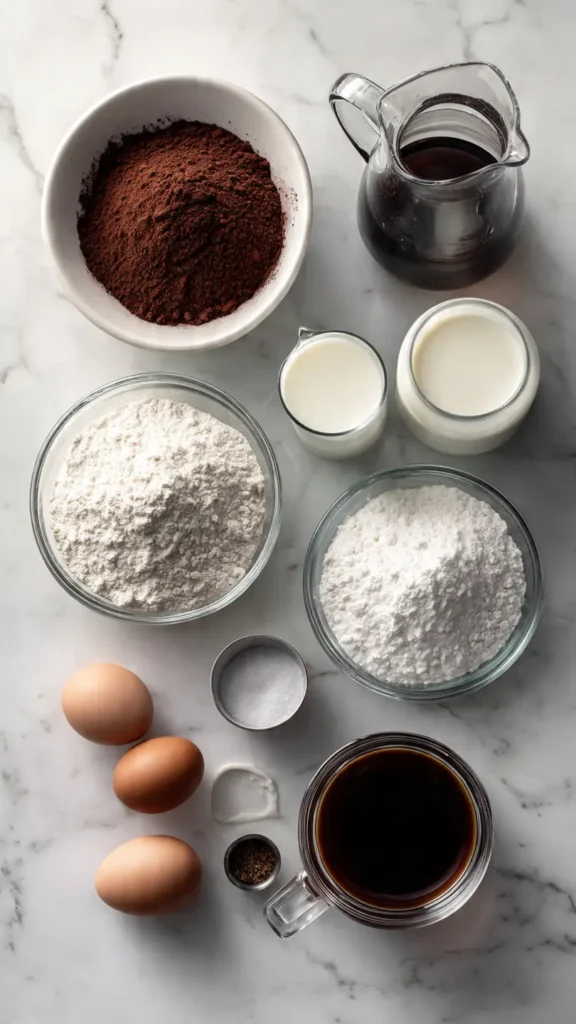 Overhead view of chocolate cake ingredients including cocoa powder, flour, eggs, sugar, milk, and coffee on white marble counter