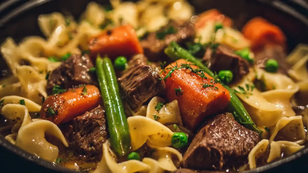 Bowl of tender crockpot beef and noodles in rich brown gravy garnished with fresh parsley on wooden table