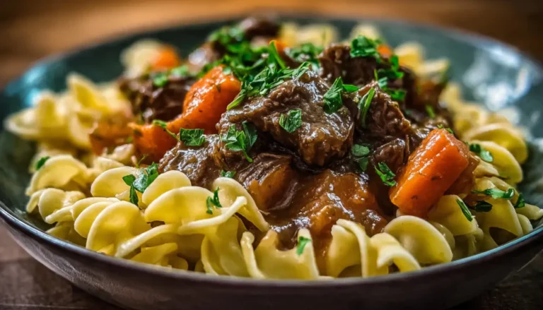 Bowl of tender crockpot beef and noodles in rich brown gravy garnished with fresh parsley on wooden table