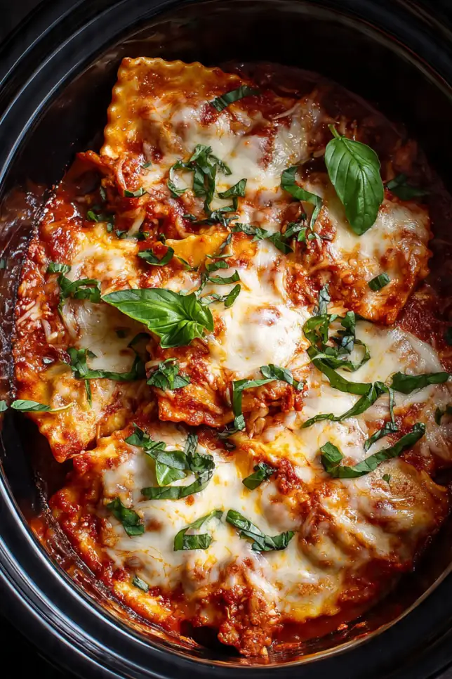 Crockpot ravioli lasagna with melted mozzarella cheese and fresh basil in a slow cooker