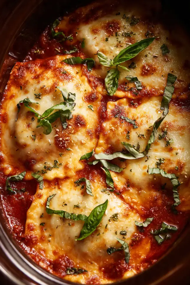Crockpot ravioli lasagna with melted mozzarella cheese and fresh basil in a slow cooker