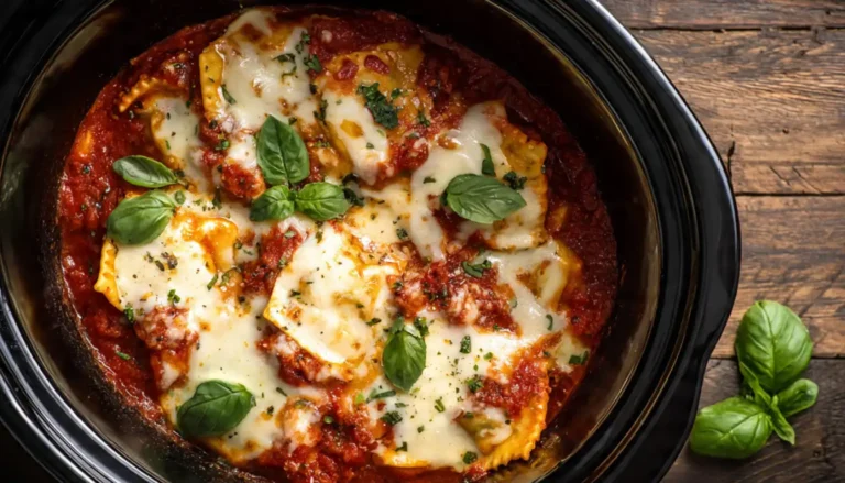 Crockpot ravioli lasagna with melted mozzarella cheese and fresh basil in a slow cooker